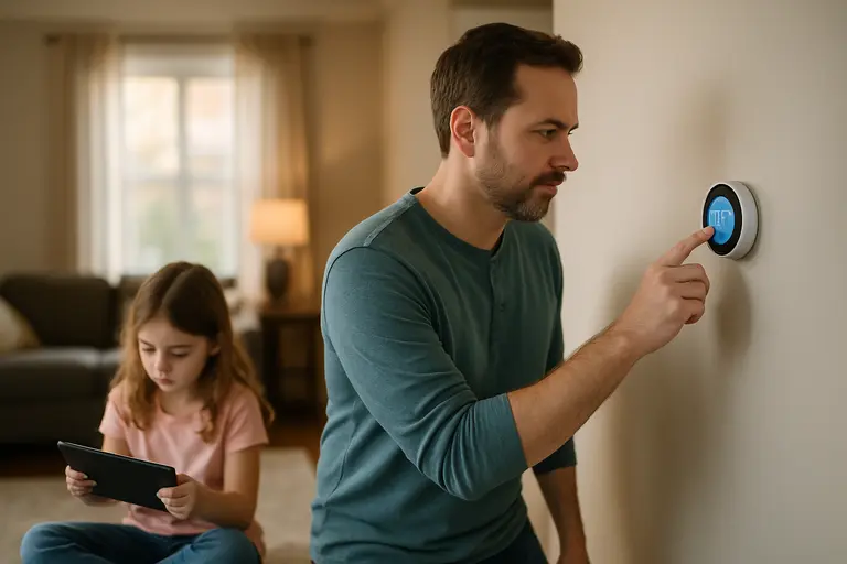 Smart thermostat mounted in a calm hallway with natural light