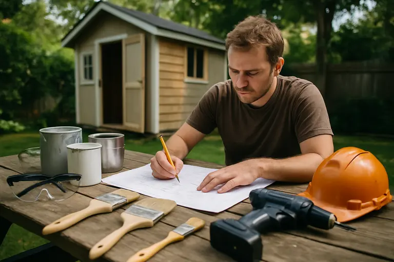 Homeowner reviewing exterior paint samples from ground level