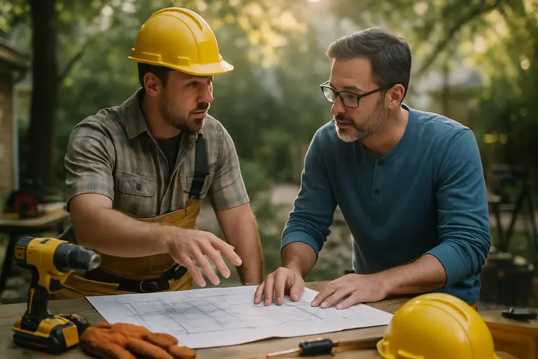 Contractor reviewing utility locations beside a partially built patio kitchen