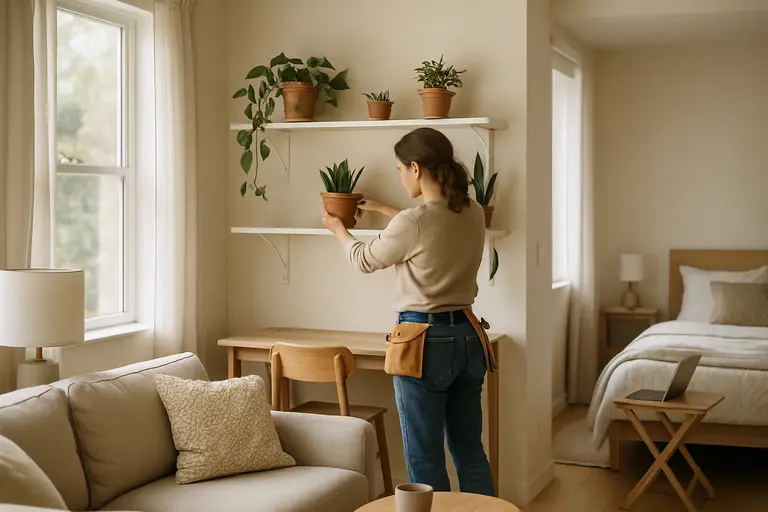 Compact ADU interior with daylight, storage and a small kitchen