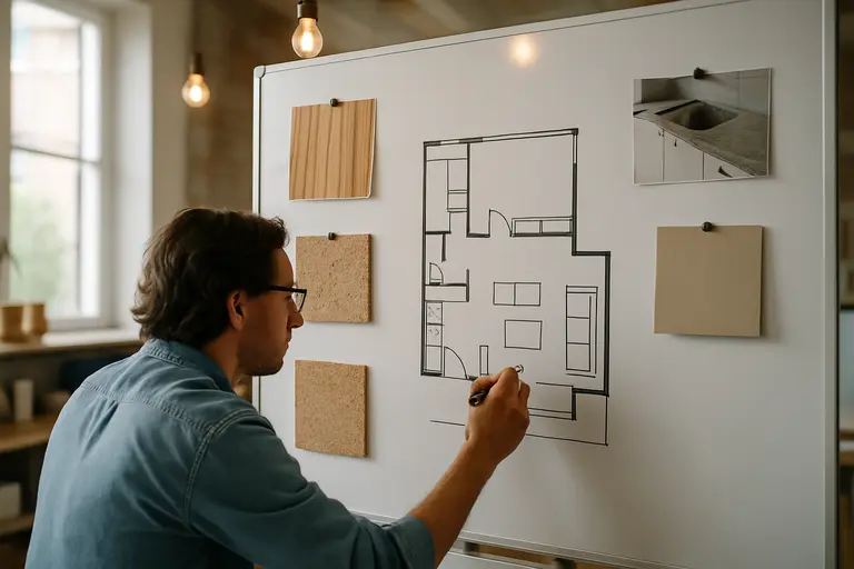Simple kitchen design board with cabinet, flooring, and paint samples