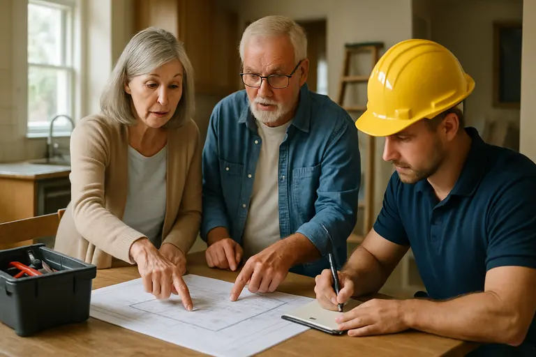 Contractor and homeowner discussing bathroom wall framing before installation