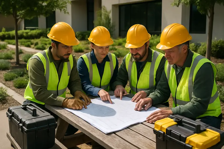 Homeowner reviewing a yard plan beside gardening gloves and hand tools