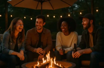 Fire Pits and Shade over a patio seating area with a pergola and low evening light