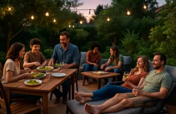Backyard patio with outdoor zones for dining, seating, and plants