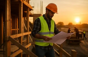 Homeowner reviewing builder sentiment notes beside remodel plans and material samples