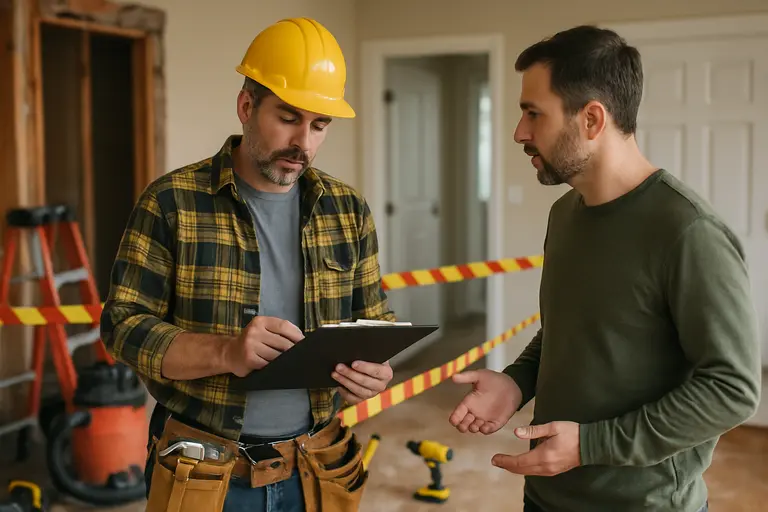 Contractor and homeowner reviewing a remodeling scope near a doorway