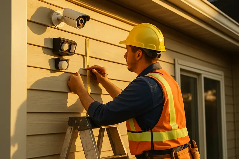 Electrician inspecting a wall box while smart devices sit nearby
