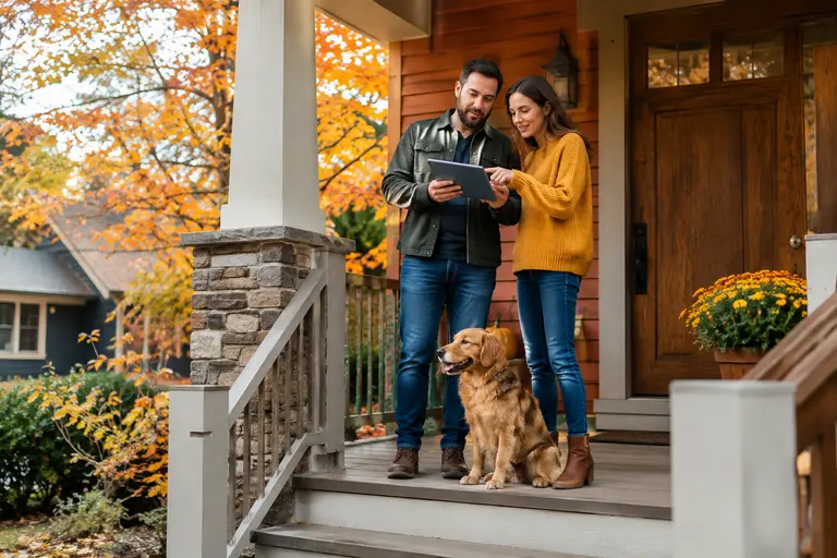 Exterior paint samples, repair checklist, and brush on a porch table