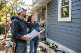 Exterior project ROI review with garage door, entry door, siding and stone samples
