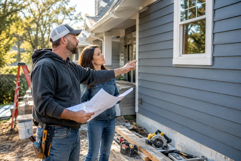 Exterior project ROI review with garage door, entry door, siding and stone samples