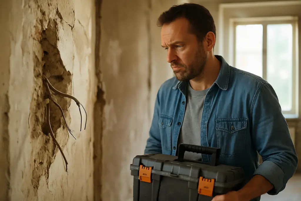 Homeowner deciding when to hire a pro before opening a wall for repairs