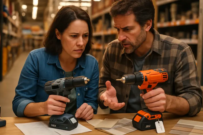 Homeowner reviewing a tool manual and accessory labels before purchase