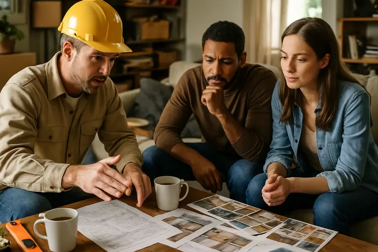 Homeowner reviewing kitchen cabinet samples at a dining table