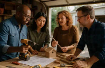 Hybrid DIY Projects planning table with samples, tape measure and safety glasses