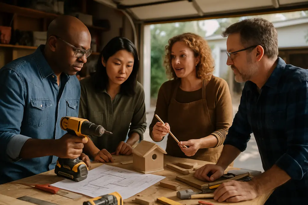 Hybrid DIY Projects planning table with samples, tape measure and safety glasses