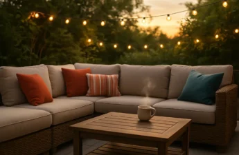 Outdoor comfort spaces with seating, shade, plants and a small dining area