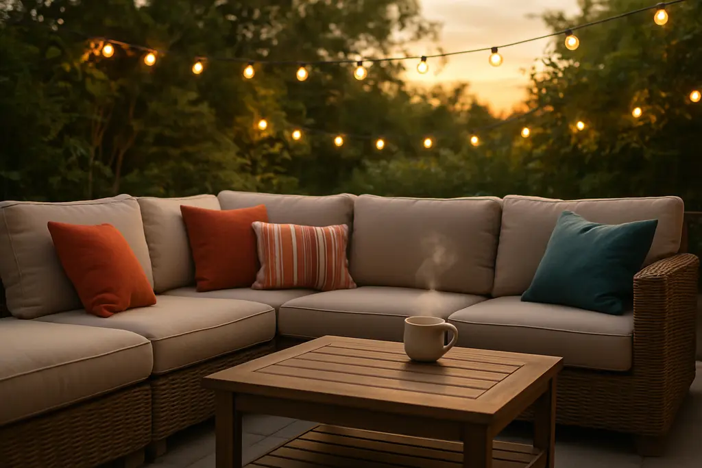 Outdoor comfort spaces with seating, shade, plants and a small dining area