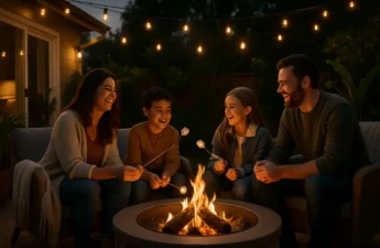 Outdoor Comfort Trends shown through shaded patio seating with soft lighting