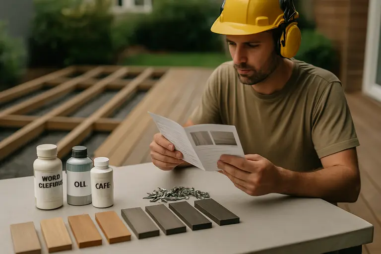 Outdoor fasteners and finish samples arranged beside patio boards