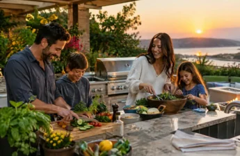 Resilient outdoor kitchens with covered cooking area and weather-rated lighting