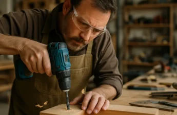 Homeowner comparing the right power drill with batteries on a workbench