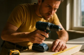 Rising Tool Costs shown through a homeowner comparing tools and finish samples on a workbench