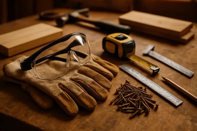 Safety glasses, gloves and common hand tools on a clean workbench