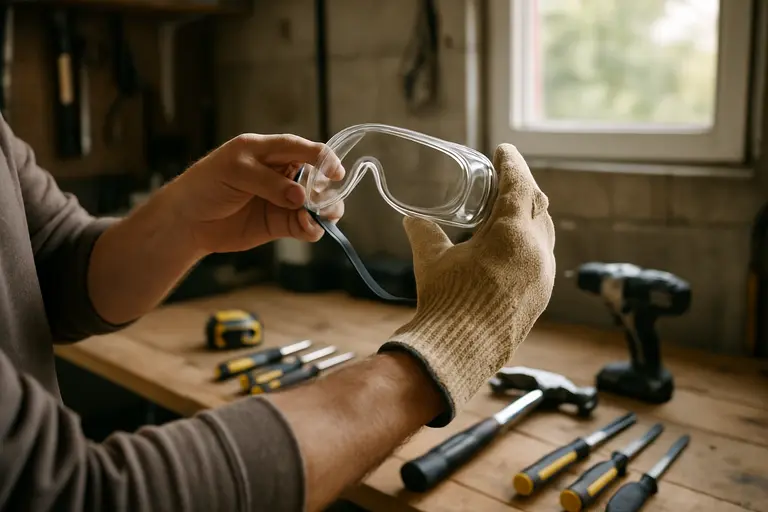 Safety glasses, work gloves, and measuring tools arranged on a workbench