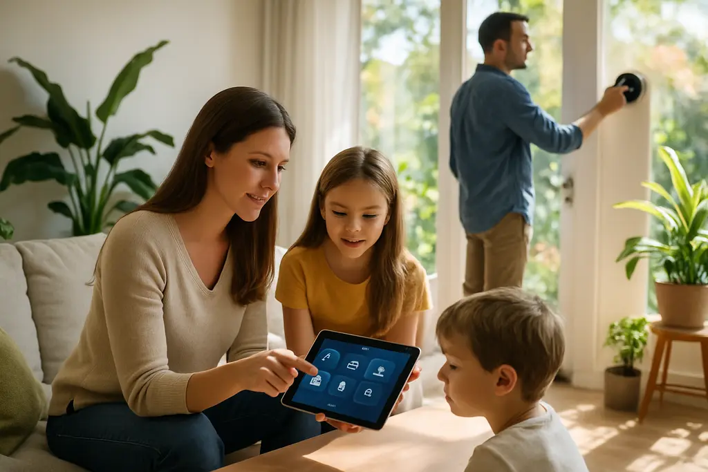 Smart remodeling trends shown with a homeowner reviewing connected devices during a renovation plan