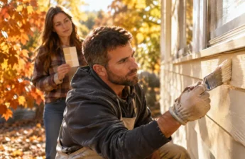 warm color palettes on a beige home exterior with cream trim and autumn landscaping