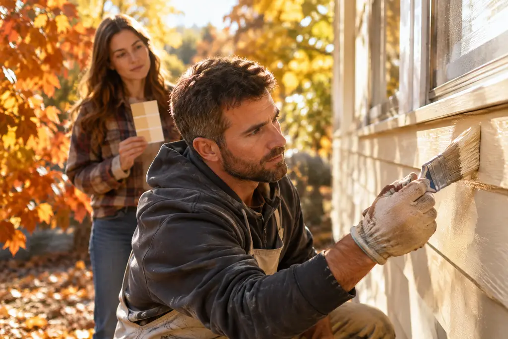 warm color palettes on a beige home exterior with cream trim and autumn landscaping